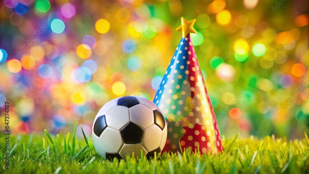 Fototapeta premium Vibrant background featuring a soccer ball adorned with a colorful birthday party hat, perfect for celebrating a child's special day.