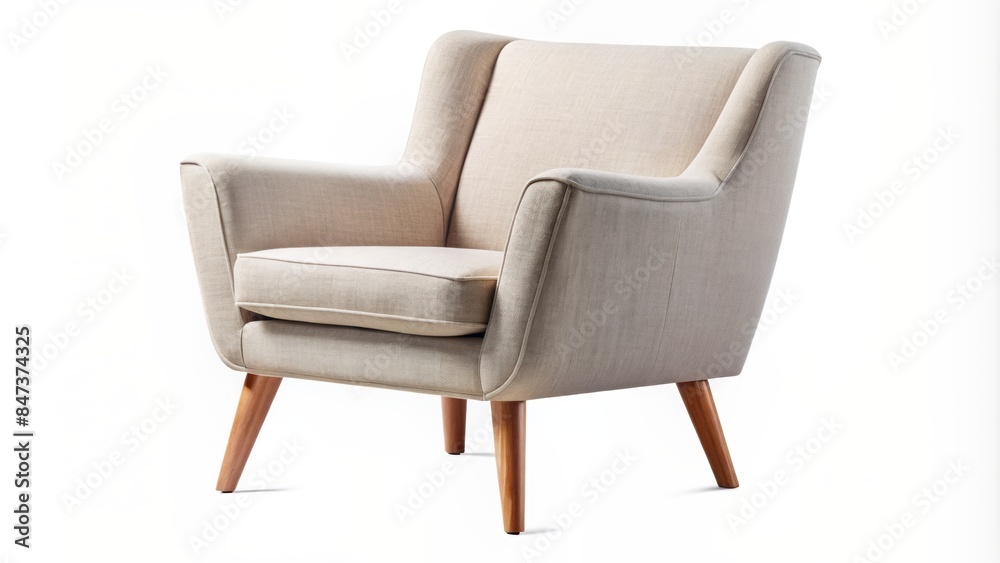 Elegant scandinavian-style armchair featuring plush beige upholstery and wooden legs, isolated on a transparent background, ideal for modern home decor.