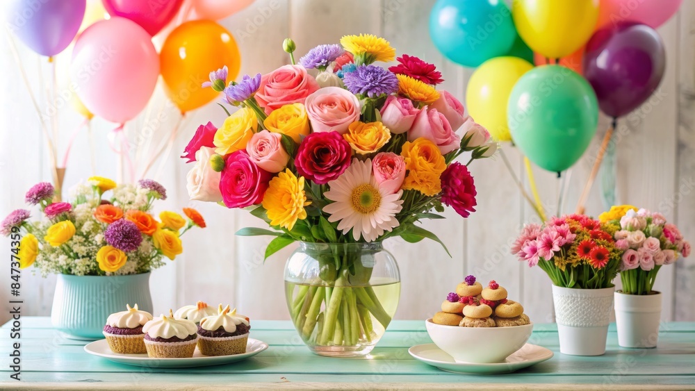 Vibrant bouquet of colorful flowers, pastel balloons, and sweet treats on a decorative table, celebrating mother's special day. Vibrant bouquet of colorful flowers, pastel balloons, and sweet treats on a decorative table, celebrating mother's special day.