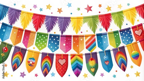Vibrant colorful banners featuring rainbow flags, stars, and feathers in modern minimalist designs celebrating love, unity, and diversity. photo