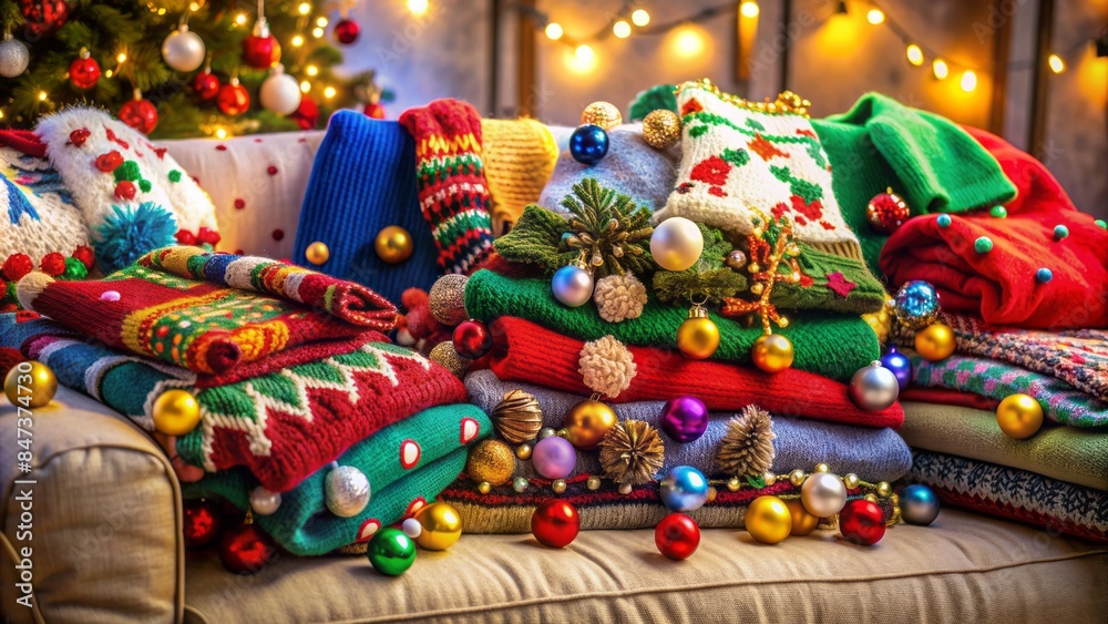 Colorful, tacky, and festive holiday sweaters with pom-poms and glitter lay sprawled on a couch or furniture surrounded by decorations.