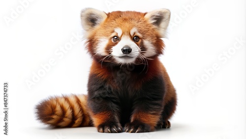Adorable red panda stands upright on hind legs, showcasing its fluffy fur, cute facial expression, and tiny paws against a pure white backdrop.