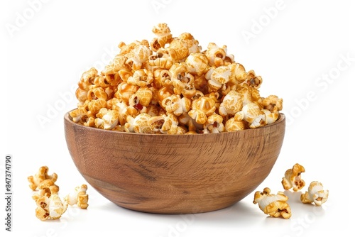 Caramel Popcorn in rustic bowl. Isolated on white background - generative ai