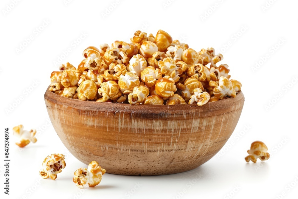 Caramel Popcorn in rustic bowl. Isolated on white background - generative ai Caramel Popcorn in rustic bowl. Isolated on white background - generative ai
