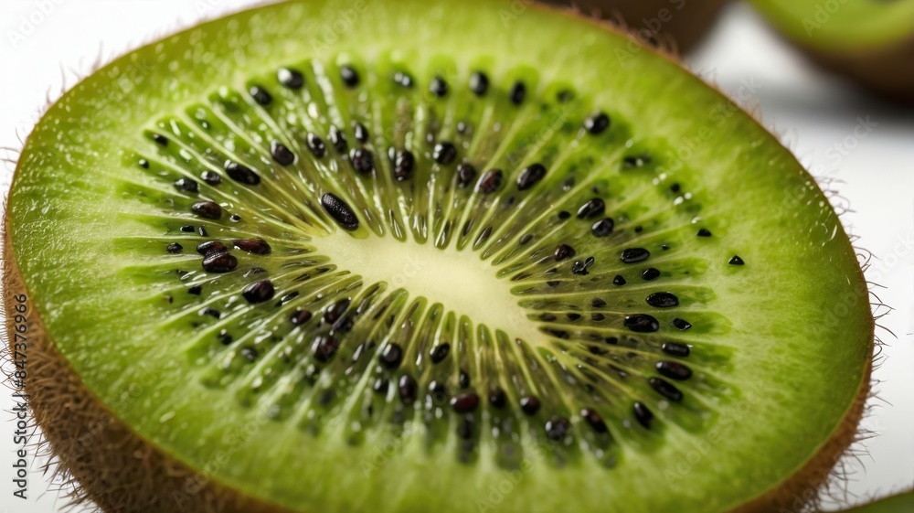 a slice of kiwi fruit placed on a pristine white background in a realistic a slice of kiwi fruit placed on a pristine white background in a realistic