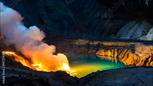 Vulcan crater at night with blue lava 4k virtual video background