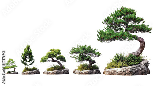 A series of five beautifully curated bonsai trees showcasing their growth stages, displayed on intricate stone bases, perfect for nature and art admirers. photo