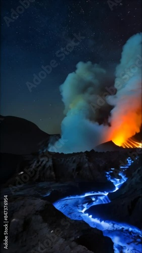Vulcan crater at night with blue lava 4k virtual video background