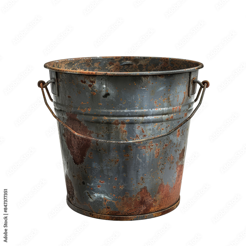 A weathered, rusty metal bucket with handles, showcasing an aged and vintage appearance. Perfect for industrial or antique-themed projects. A weathered, rusty metal bucket with handles, showcasing an aged and vintage appearance. Perfect for industrial or antique-themed projects.