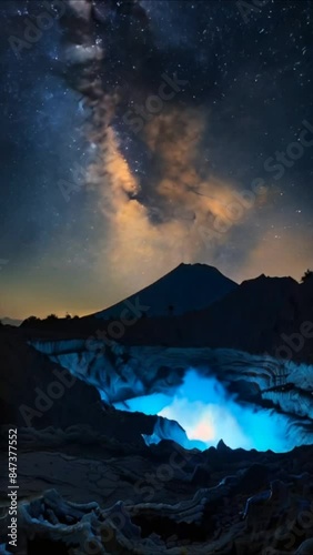 Vulcan crater at night with blue lava 4k virtual video background