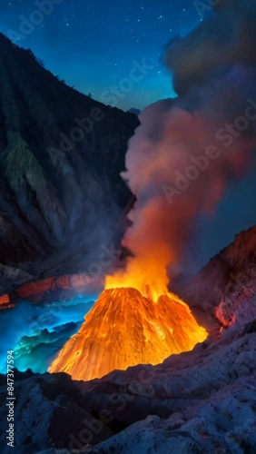 Vulcan crater at night with blue lava 4k virtual video background