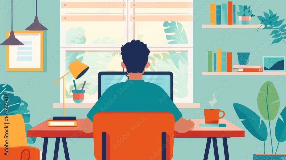 illustration Student attending an online class with a laptop in a comfortable home setting illustration Student attending an online class with a laptop in a comfortable home setting