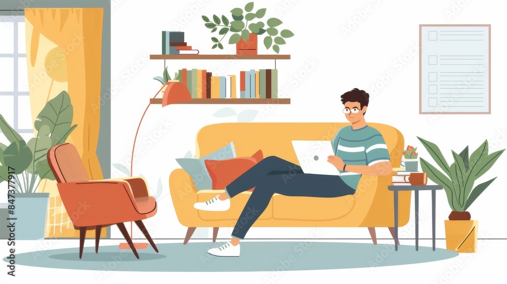 illustration Student attending an online class with a laptop in a comfortable home setting illustration Student attending an online class with a laptop in a comfortable home setting