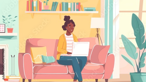 illustration Student attending an online class with a laptop in a comfortable home setting