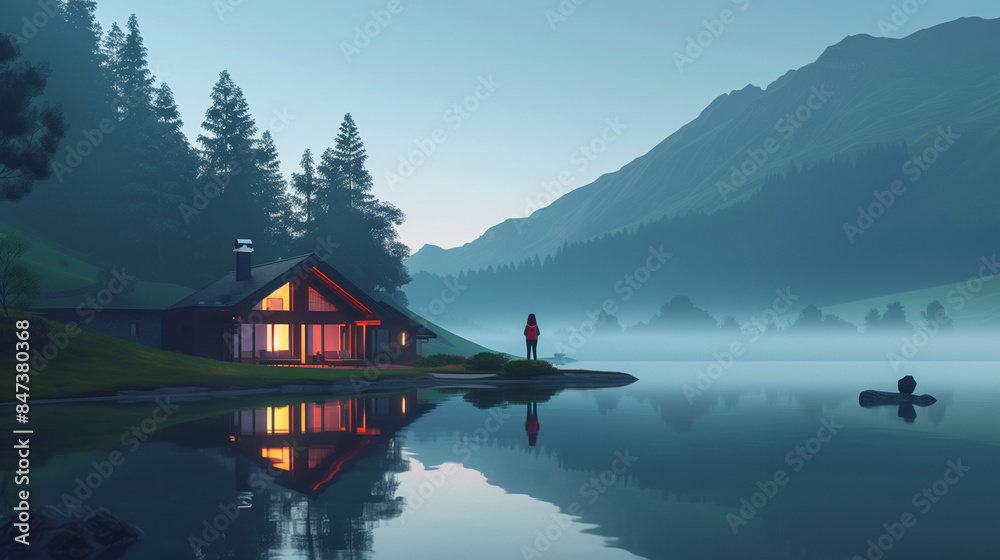 Fototapeta premium Scenic Lake Bled reflects snow-capped mountains in its still water, a summer landscape 