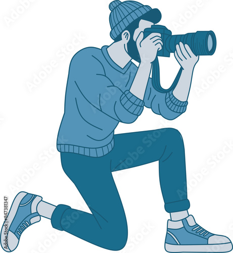 Illusrative spot man taking a picture using DSLR camera. Male photographer kneeling and taking pictures. Photo equipment for journalist. Vector illustration in hand drawn
