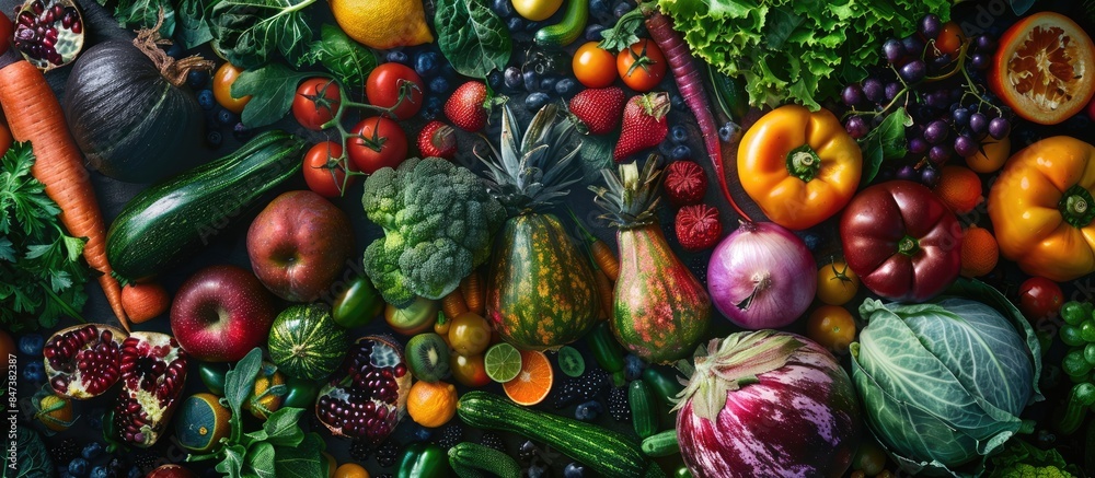 Vibrant display of colorful fresh fruits and vegetables on a wide organic food background Vibrant display of colorful fresh fruits and vegetables on a wide organic food background