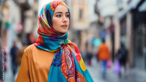 A woman wearing a colorful scarf walks down a street