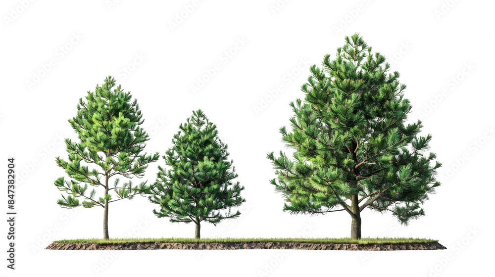 Three lush green pine trees of varying heights isolated on a transparent background, ideal for nature and forest-themed projects. Three lush green pine trees of varying heights isolated on a transparent background, ideal for nature and forest-themed projects.