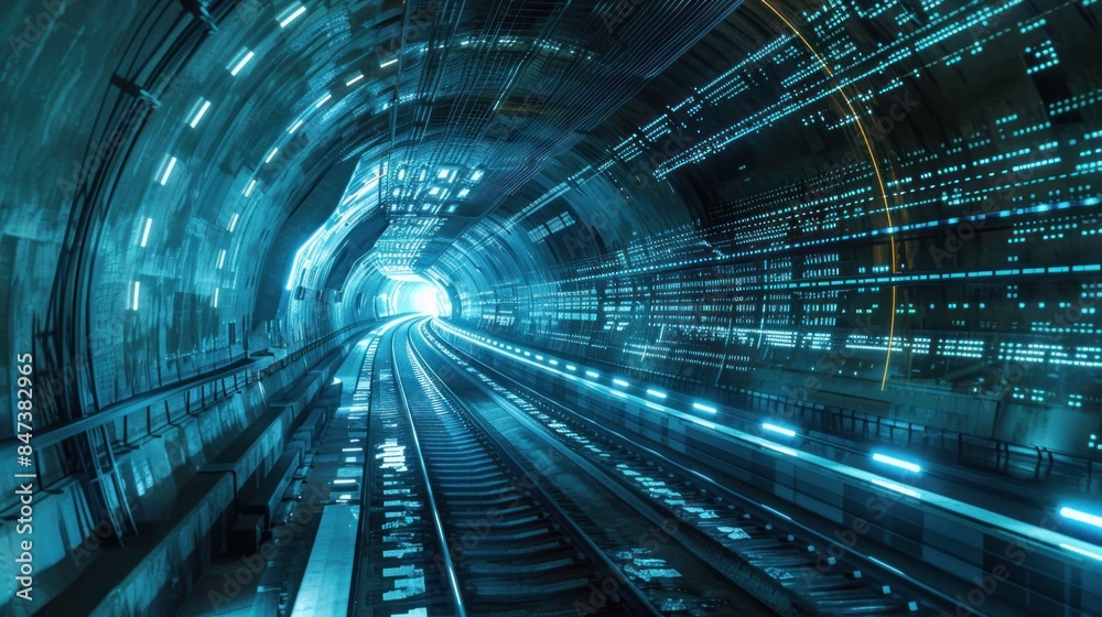 Underground tunnel with glowing digital panels on the walls. Underground tunnel with glowing digital panels on the walls.