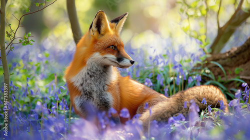 A fox is laying in a field of blue flowers © WETDREAM