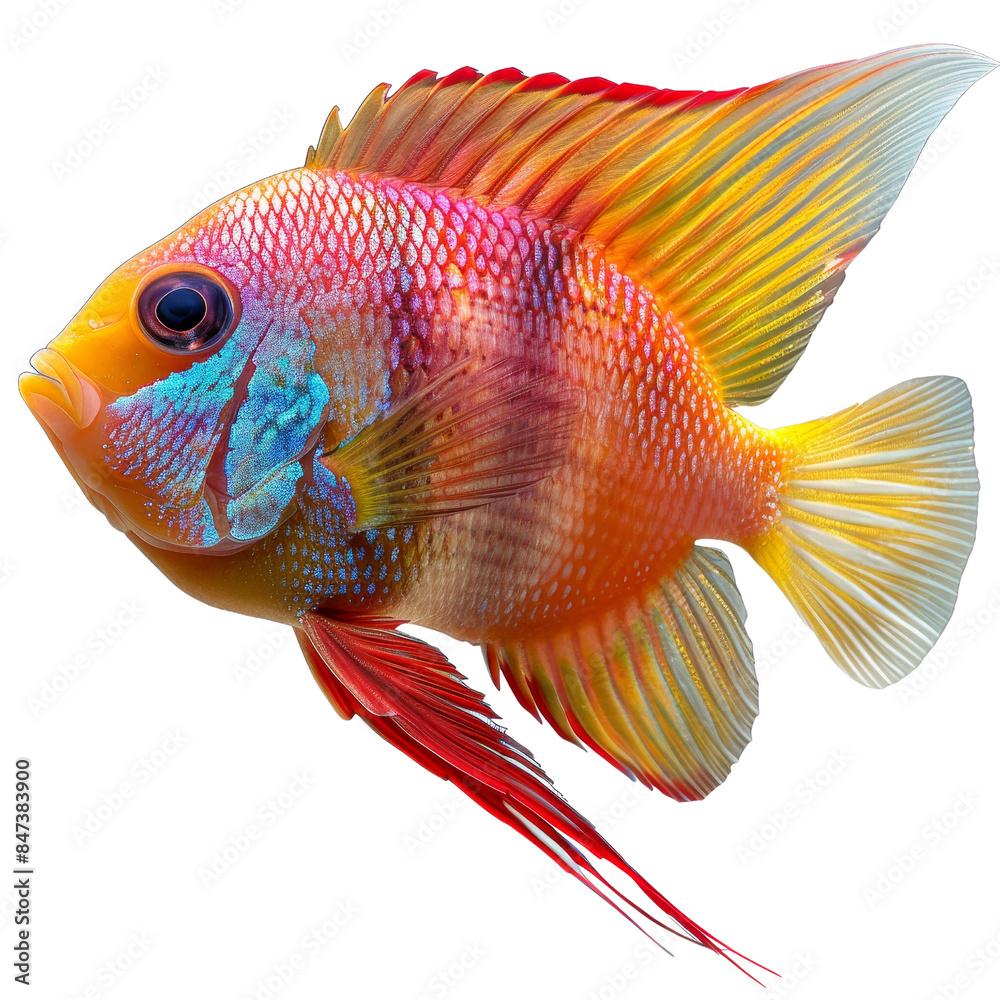 Fototapeta premium Vibrant tropical fish with colorful scales in shades of red, orange, and yellow, isolated on a white background.