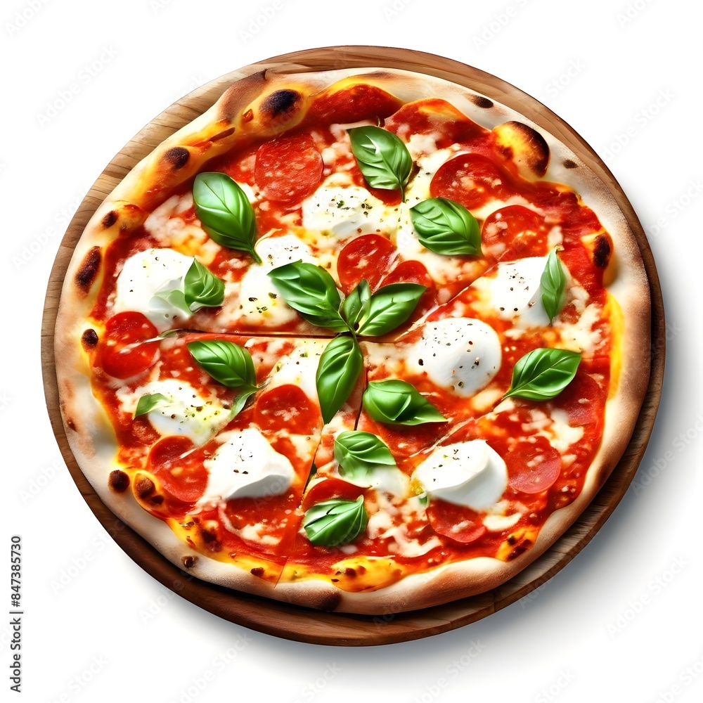 An artisanal wood-fired pizza with mozzarella, basil, and tomato sauce An artisanal wood-fired pizza with mozzarella, basil, and tomato sauce