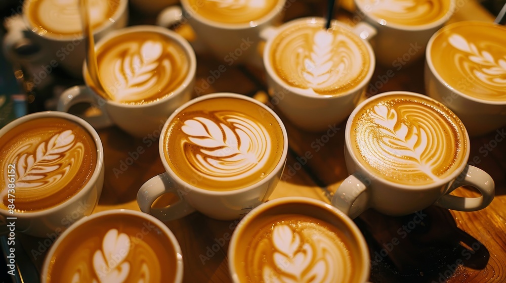 A row of coffee cups with white foam and designs on them generated by AI A row of coffee cups with white foam and designs on them generated by AI