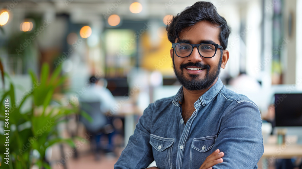 Fototapeta premium portrait of an Indian software engineer standing in modern office looking at camera, tech worker