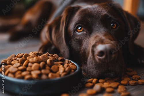A brown dog lays on the floor next to a bowl of dog food