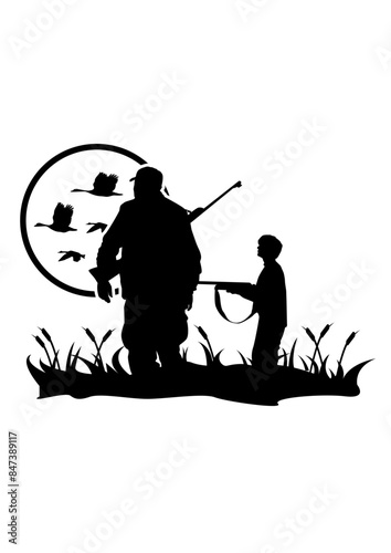 Dad and Son Hunter | Hunter Dad | Hunter Son | Duck Hunting | Outdoor Hunting | Hunters | Original Illustration | Vector and Clipart | Cutfifle and Stencil