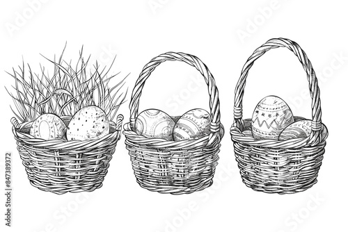 Vector art illustration easter basket with easter eggs on a white background a drawing of a basket of eggs in grass and a drawing of grass and a tree branch basket of painted generative ai