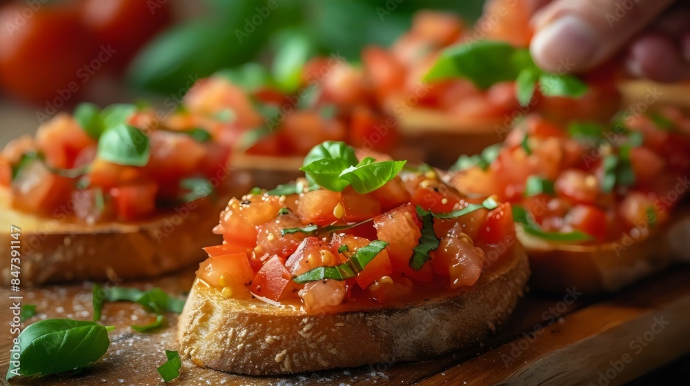 A plate of tomato and basil bruschetta is being served A plate of tomato and basil bruschetta is being served