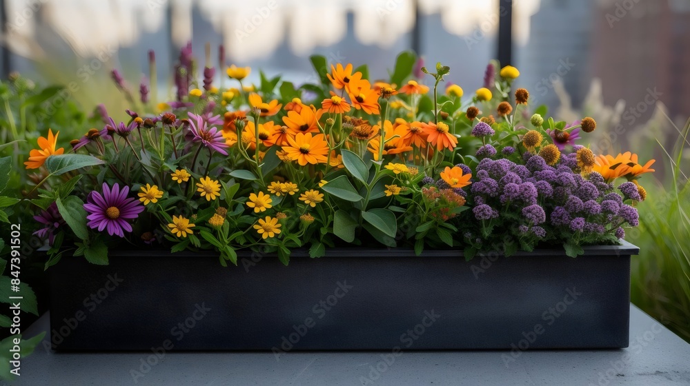 A colorful flower arrangement in a black planter