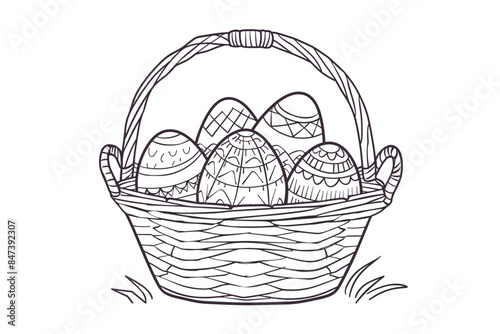 Vector art illustration easter basket with easter eggs on a white background a drawing of a basket of eggs in grass and a drawing of grass and a tree branch basket of painted generative ai