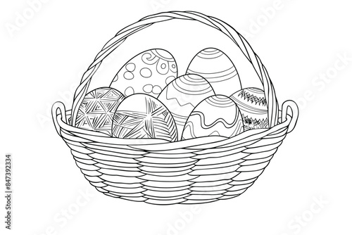 Vector art illustration easter basket with easter eggs on a white background a drawing of a basket of eggs in grass and a drawing of grass and a tree branch basket of painted generative ai