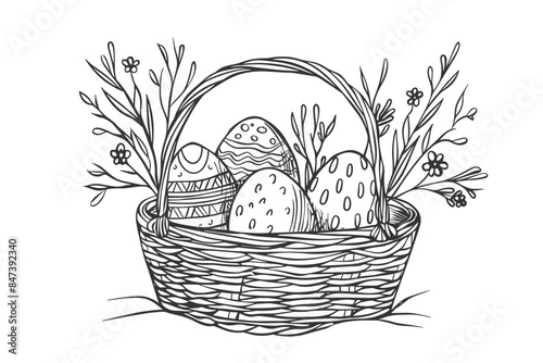 Vector art illustration easter basket with easter eggs on a white background a drawing of a basket of eggs in grass and a drawing of grass and a tree branch basket of painted generative ai