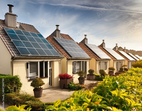 A row of the house with solar panels on a roof in sunset photo