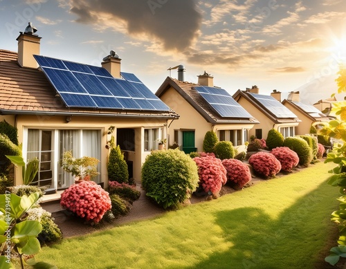 A row of the house with solar panels on a roof in sunset photo