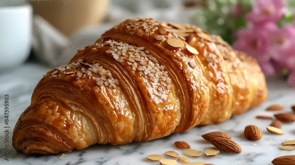 A croissant with almonds and sugar on top is sitting on a marble counter A croissant with almonds and sugar on top is sitting on a marble counter