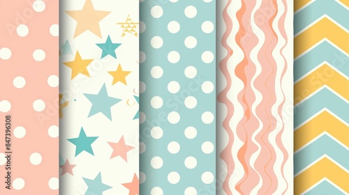 AI generated illustration of pastel-colored patterns, including polka dots, large circles, stars