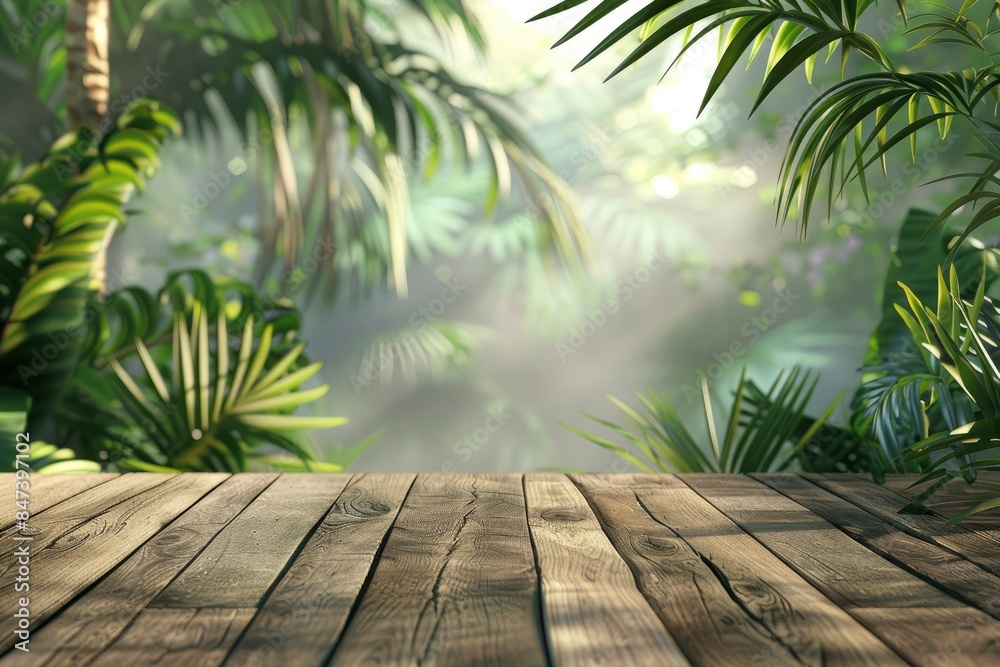 3D wooden table with a tropical forest or garden background for product placement - generative ai 3D wooden table with a tropical forest or garden background for product placement - generative ai