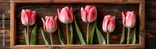 Mother's Day Greeting Card with Pink Tulips and Wooden Frame on Table photo