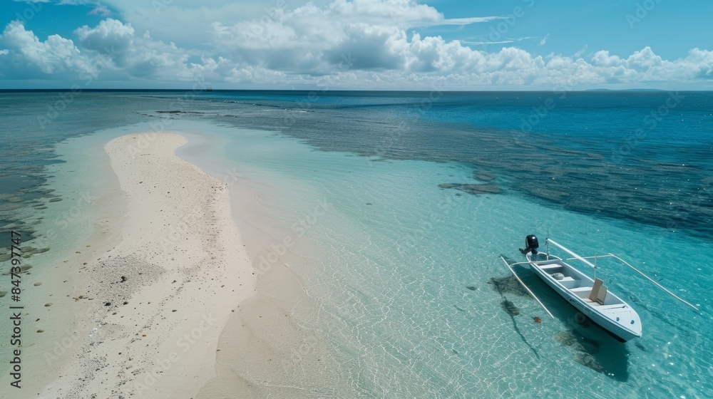 Small boat anchored in the turquoise waters of a tropical lagoon, with white sand beach in the background Small boat anchored in the turquoise waters of a tropical lagoon, with white sand beach in the background