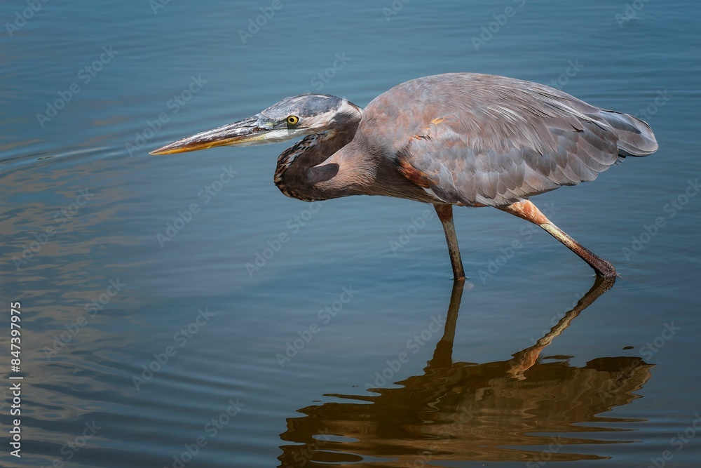 Obraz premium Close-up of a great blue heron standing in shallow water with its reflection visible.