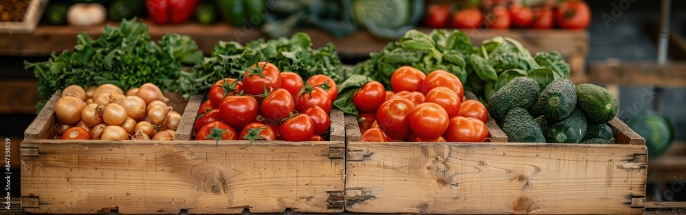 Fresh, Organic Vegetables at Regional Farmers Market: A Colorful Background of Healthy, Vegan Food in Wooden Boxes on Table Fresh, Organic Vegetables at Regional Farmers Market: A Colorful Background of Healthy, Vegan Food in Wooden Boxes on Table