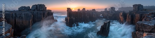 Gorgeous Panorama of Rugged Coastal Cliffscape at Sunset, with Dramatic Waves Crashing Against the Rocks and a Hazy Horizon