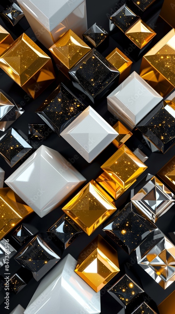 An abstract pattern of gold, white, and black geometric shapes and squares. An abstract pattern of gold, white, and black geometric shapes and squares.