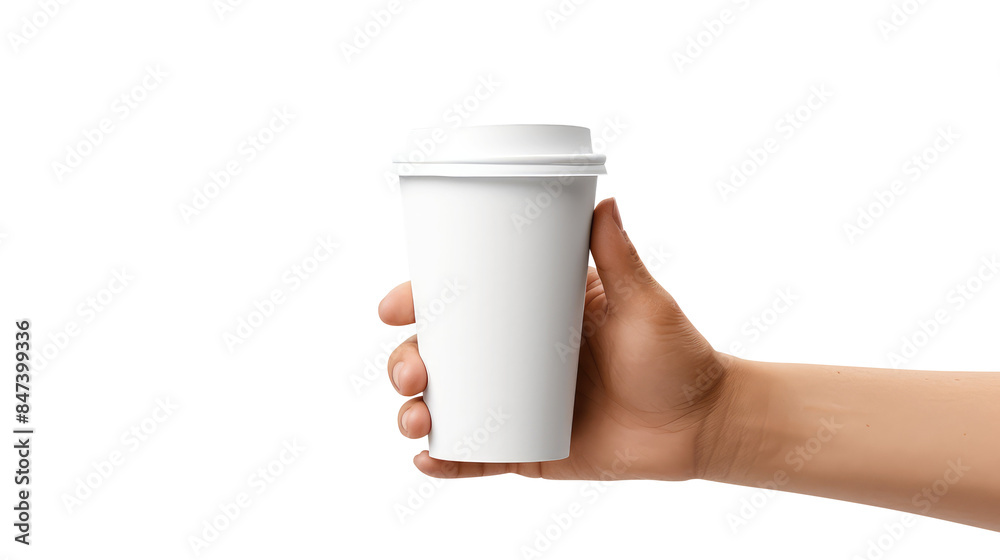 Obraz premium Hand holding a Blank cup of coffee isolated on transparent white background, clipping path