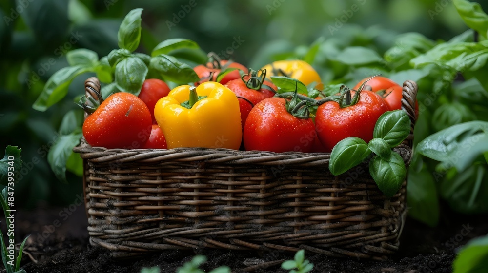 A basket full of tomatoes and peppers A basket full of tomatoes and peppers